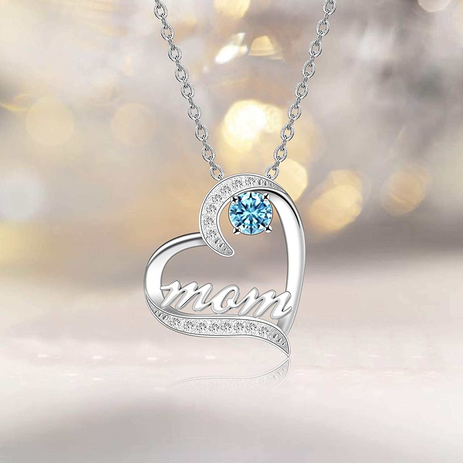 Mother's Day Birthstone 'Mom Heart' 925 Sterling Silver Cubic Zirconia Mom Birthday Necklace EliteDealsOutlet 