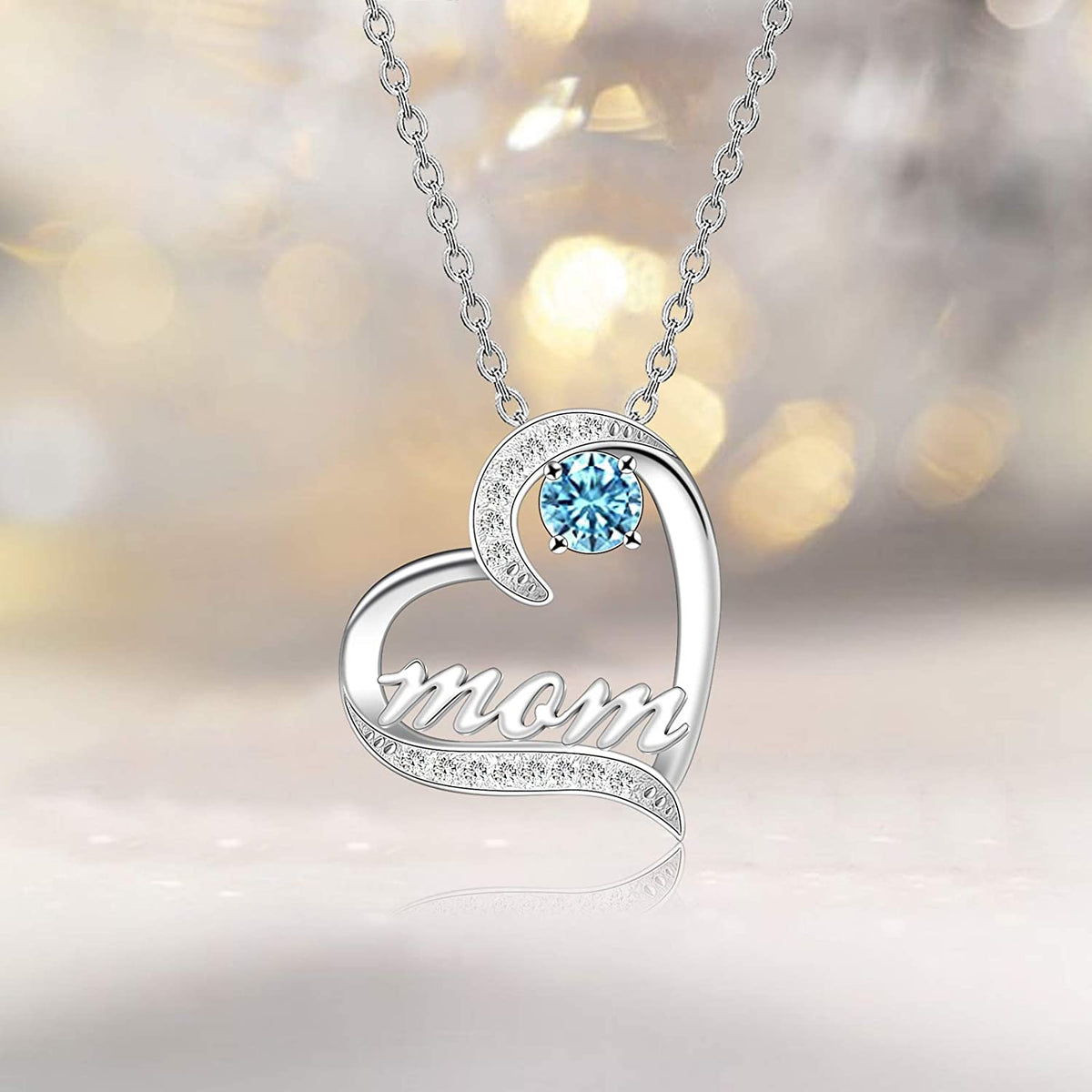 Mother&#39;s Day Birthstone &#39;Mom Heart&#39; 925 Sterling Silver Cubic Zirconia Mom Birthday Necklace EliteDealsOutlet 