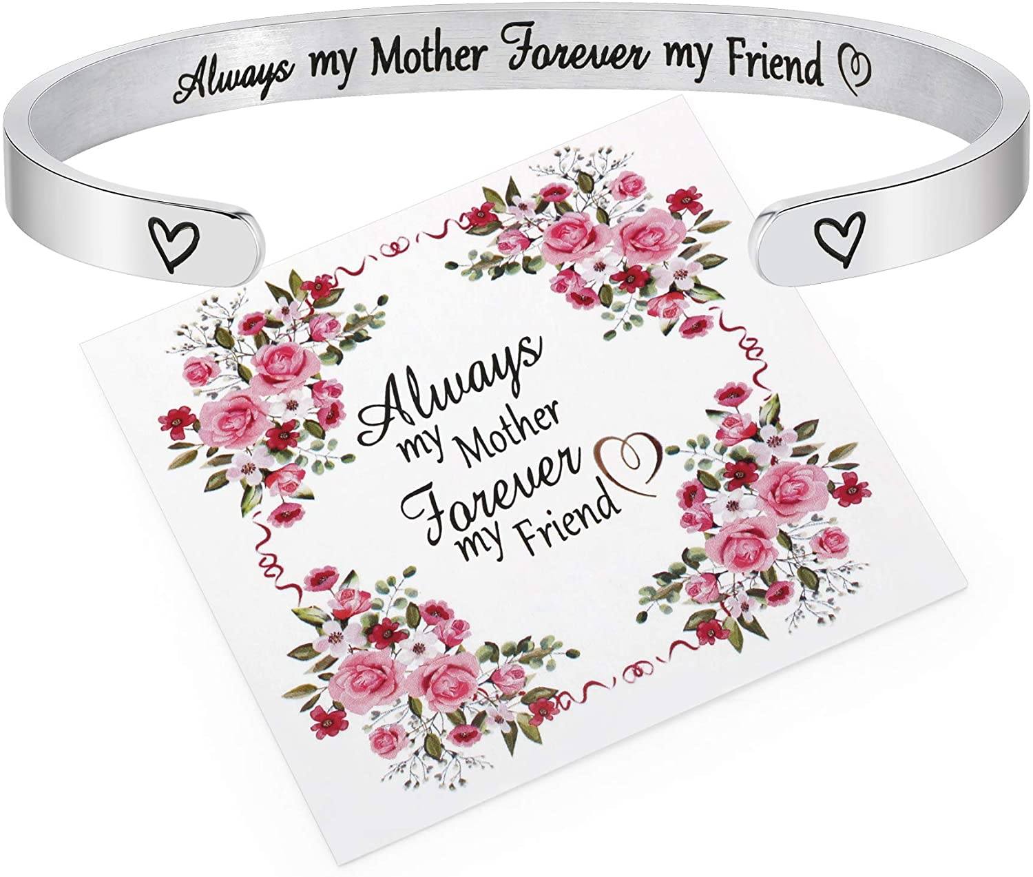 Mother's Day Bracelet + Gift Card: Inspirational Engraved Quote Stainless Steel Cuff Bangle (Always My Mother Forever My Friend) EliteDealsOutlet Always My Mother Forever My Friend 
