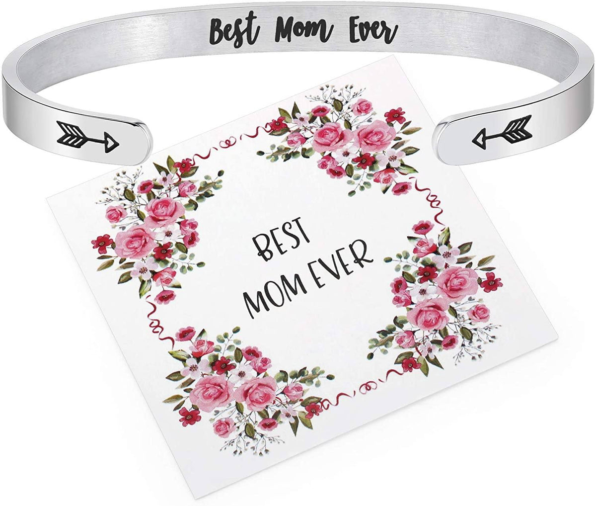 Mother's Day Bracelet + Gift Card: Inspirational Engraved Quote Stainless Steel Cuff Bangle - (Best Mom Ever) EliteDealsOutlet Best Mom Ever 