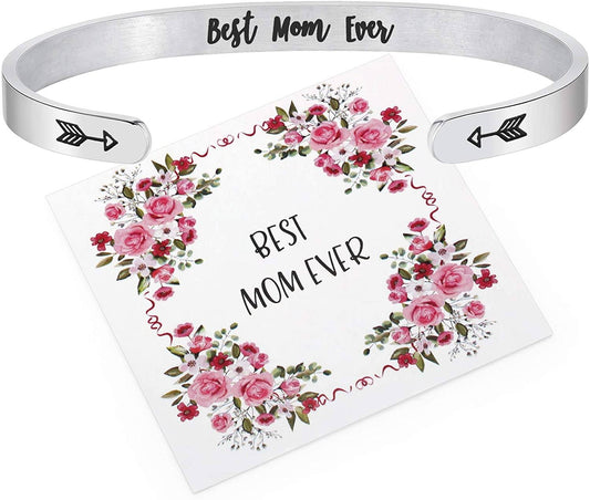 Mother's Day Bracelet + Gift Card: Inspirational Engraved Quote Stainless Steel Cuff Bangle - (Best Mom Ever) EliteDealsOutlet Best Mom Ever 