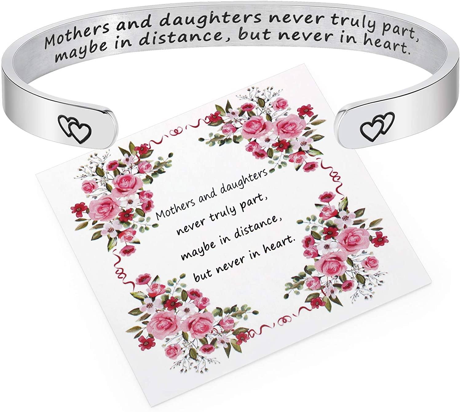 Mother's Day Bracelet + Gift Card: Inspirational Engraved Quote Stainless Steel Cuff Bangle (Mothers and Daughters Never Truly Part) EliteDealsOutlet Mothers and Daughters Never Truly Part 