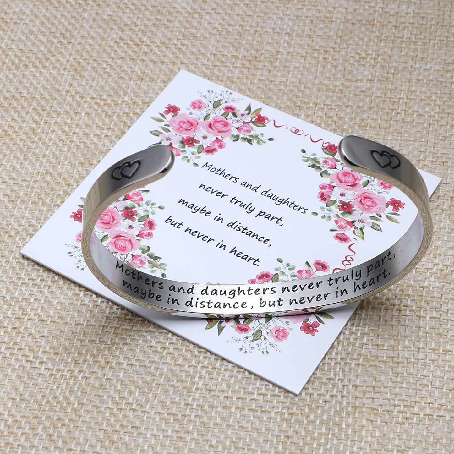 Mother's Day Bracelet + Gift Card: Inspirational Engraved Quote Stainless Steel Cuff Bangle (Mothers and Daughters Never Truly Part) EliteDealsOutlet 