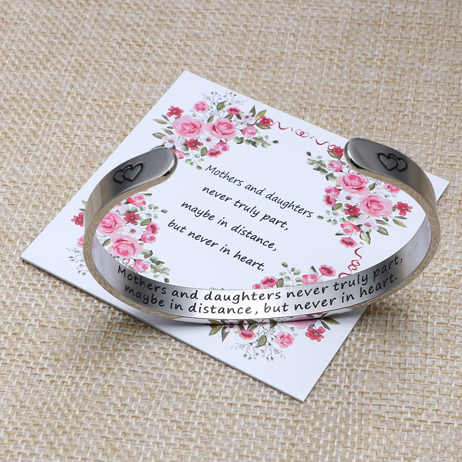 Mother's Day Bracelet + Gift Card: Inspirational Engraved Quote Stainless Steel Cuff Bangle (Mothers and Daughters Never Truly Part) EliteDealsOutlet 