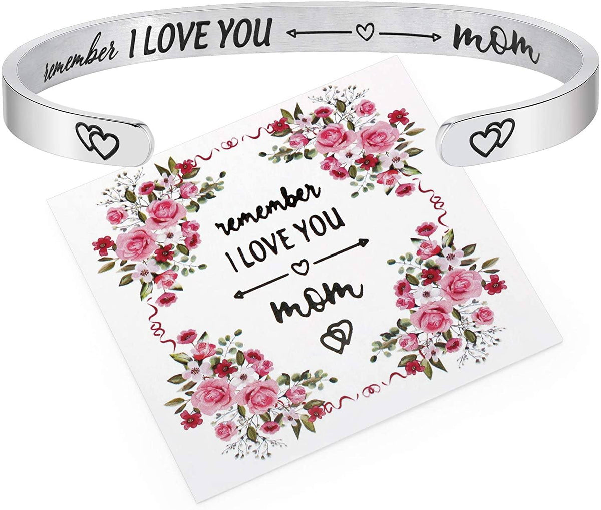 Mother's Day Bracelet + Gift Card: Inspirational Engraved Quote Stainless Steel Cuff Bangle (Remember I Love You Mom) EliteDealsOutlet Remember I Love You Mom 