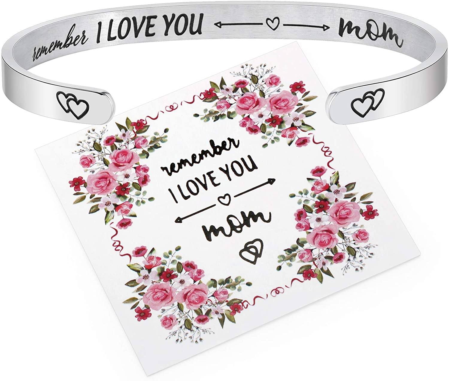 Mother's Day Bracelet + Gift Card: Inspirational Engraved Quote Stainless Steel Cuff Bangle (Remember I Love You Mom) EliteDealsOutlet Remember I Love You Mom 