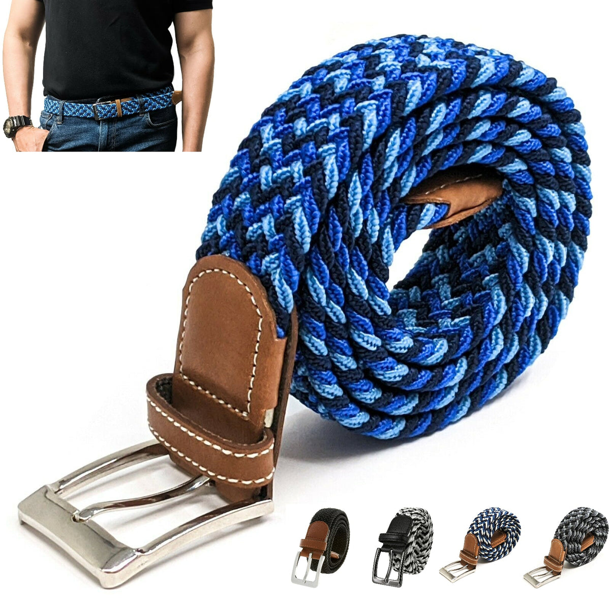 MROYALE™ Braided Canvas Belt | Elastic Stretch, Woven Fabric Men's Belt w/ Metal Buckle mens belts MRoyale™ Navy-Blue-Light_Blue S (28-32) 