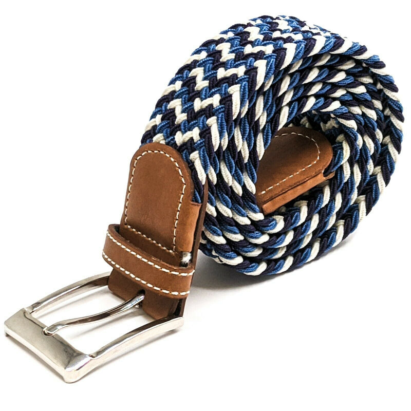 MROYALE™ Braided Canvas Belt | Elastic Stretch, Woven Fabric Men's Belt w/ Metal Buckle mens belts MRoyale™ Navy-Blue-White S (28-32) 