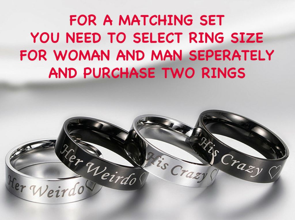 MRoyale™ Couple's Matching Stainless Steel 'His Crazy/Her Weirdo' Wedding Band Ring men's ring MRoyale™ Fashion 