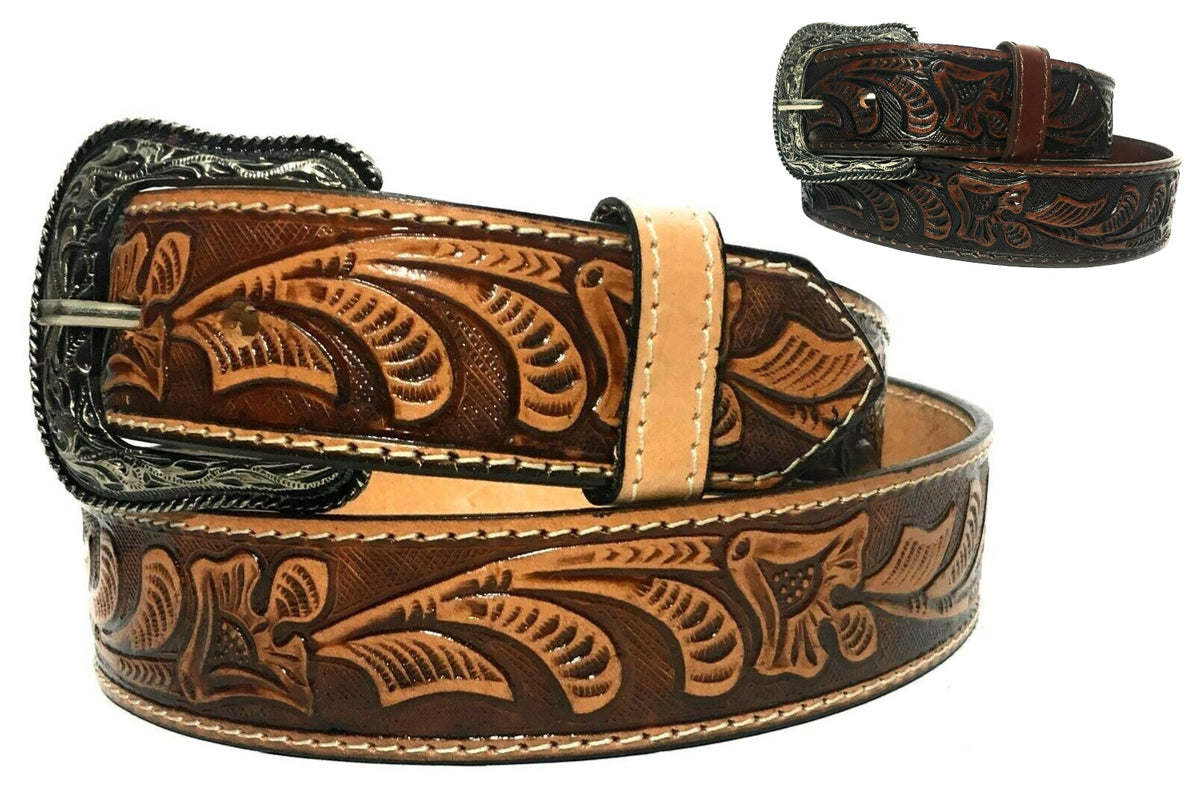 MRoyale™ Embossed Western Leather Belt | Floral Tulip, Cowboy Rodeo, 4 Colors mens belts MRoyale™ Tan 32 