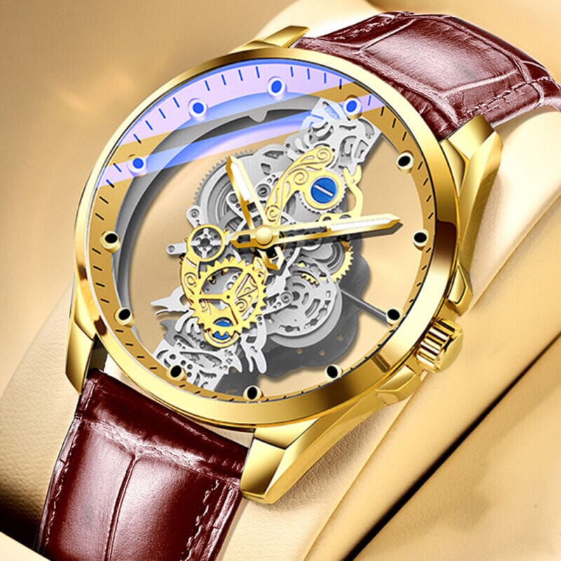 MRoyale™ Hollow Skeleton Stainless Steel Men&#39;s Watch: Quartz, Luxury Wristwatch wristwatches MRoyale™ Gold w/ Leather 