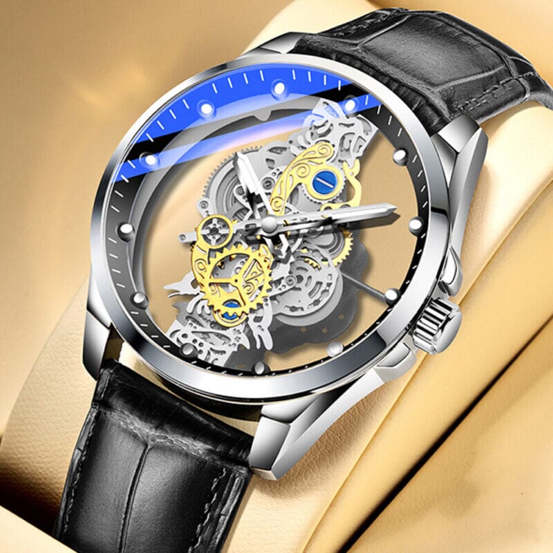 MRoyale™ Hollow Skeleton Stainless Steel Men's Watch: Quartz, Luxury Wristwatch wristwatches MRoyale™ Silver w/ Leather 