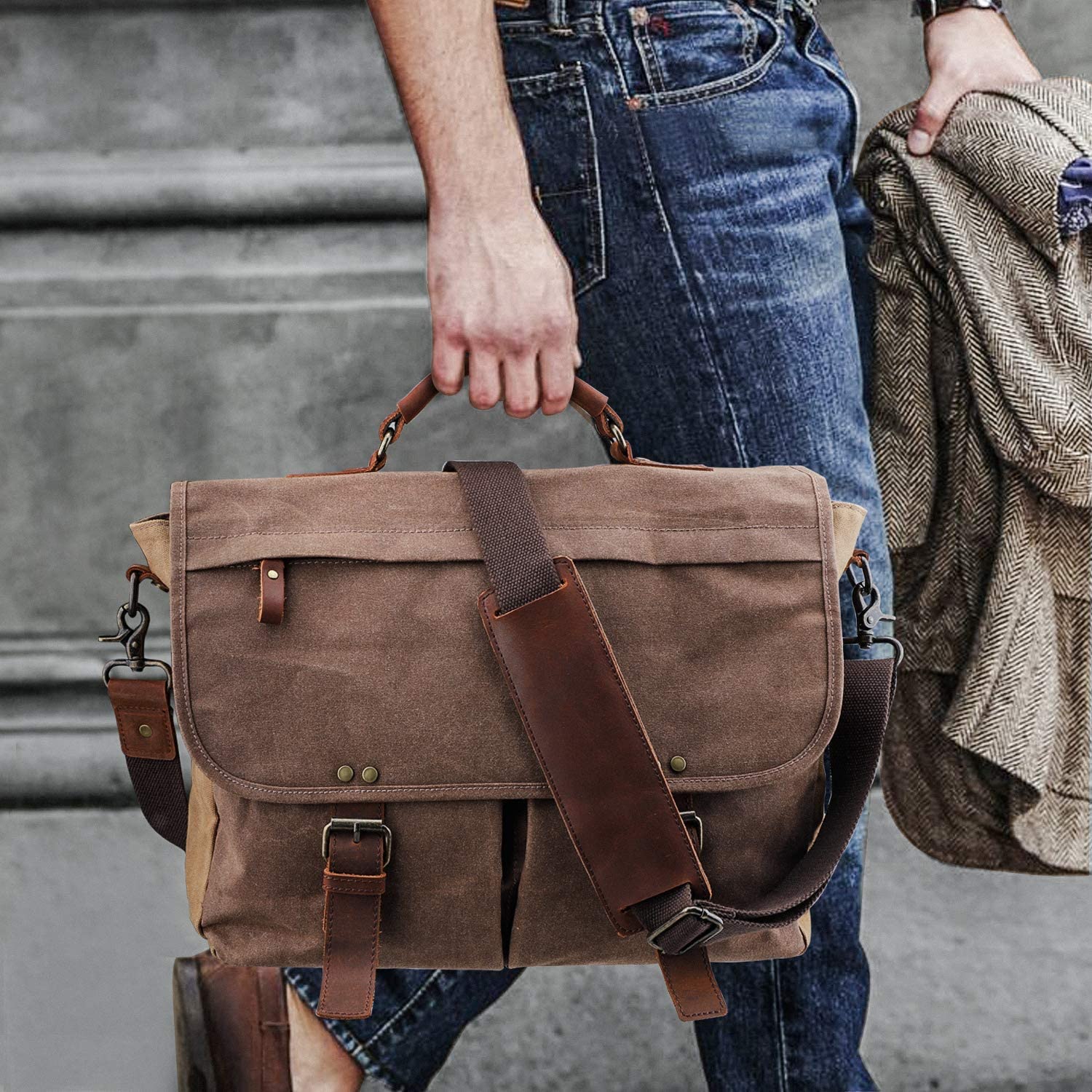 MROYALE™ Vintage Waxed Canvas/Leather 15.6" Laptop Crossbody Messenger Briefcase Messenger Bag MRoyale™ Fashion 