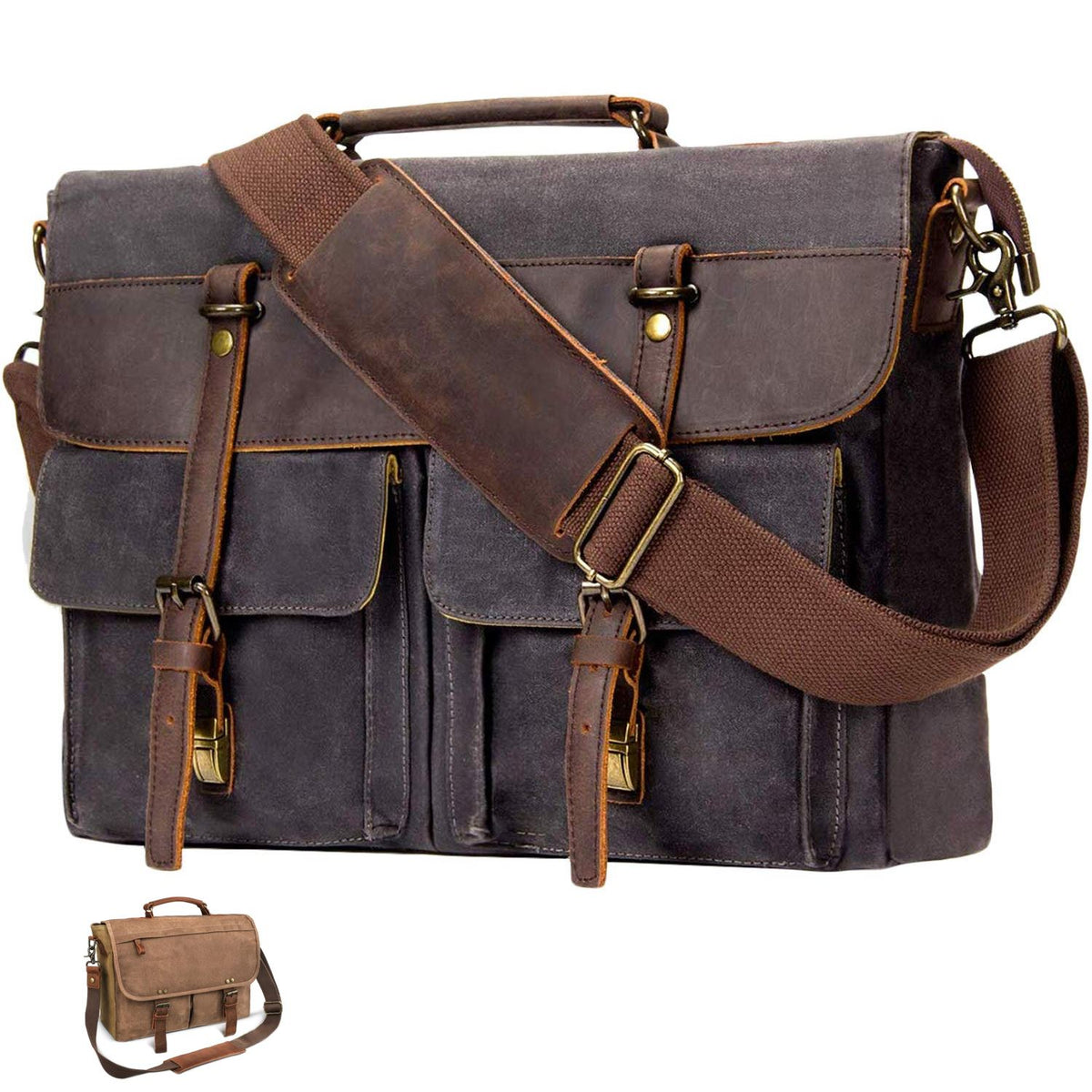 MROYALE™ Vintage Waxed Canvas/Leather 15.6&quot; Laptop Crossbody Messenger Briefcase Messenger Bag MRoyale™ Fashion Grey 