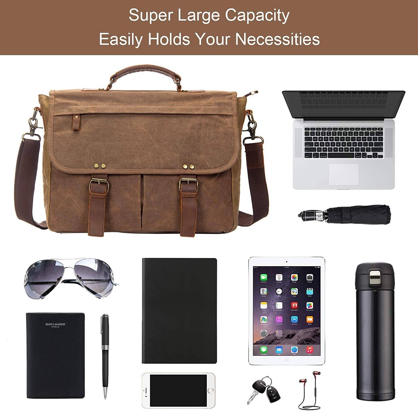 MROYALE™ Vintage Waxed Canvas/Leather 15.6" Laptop Crossbody Messenger Briefcase Messenger Bag MRoyale™ Fashion 