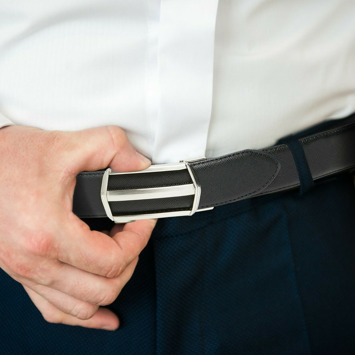 MRoyale™ Leather Ratchet Belt | Men&#39;s 1.3&quot; Wide Automatic Slide Buckle | Brushed Nickle mens belts MRoyale™ 