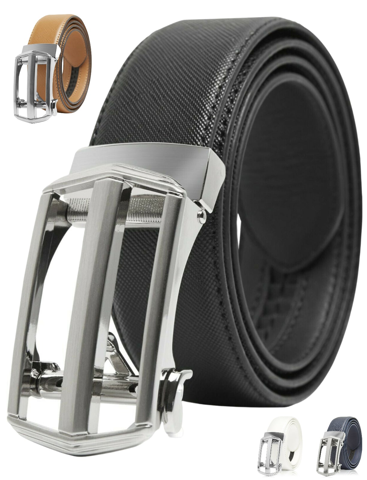 MRoyale™ Leather Ratchet Belt | Men's 1.3" Wide Automatic Slide Buckle | Brushed Nickle mens belts MRoyale™ Black 32/34 