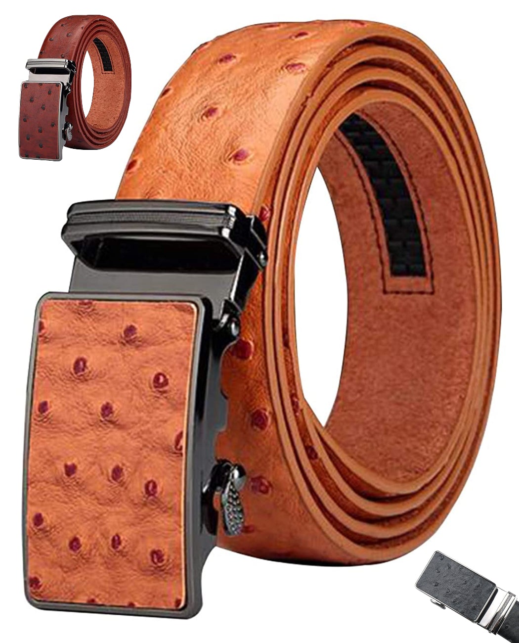 MRoyale™ Leather Ratchet Belt | Ostrich Grain | Men&#39;s 35mm Automatic Slide Buckle mens belts MRoyale™ Ostrich Tan 31&quot;-37&quot; 
