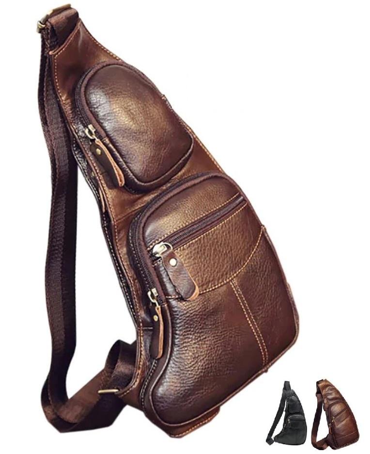 MROYALE™ Men's 100% Leather Crossbody Sling Messenger Chest Satchel Bag sling chest bag MRoyale™ Fashion Coffee 