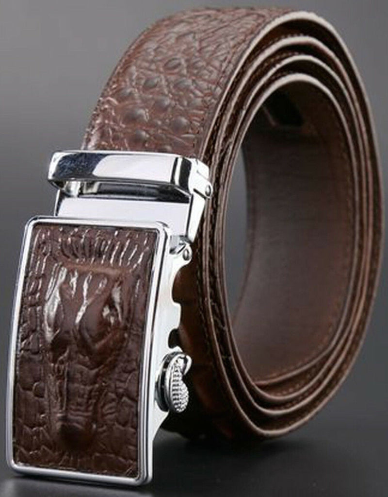 MROYALE™ Faux Alligator Skin Embossed Leather Ratchet Belt | Men's Crocodile Automatic Buckle mens belts MRoyale™ Coffee Fits All Sizes Below 38" 