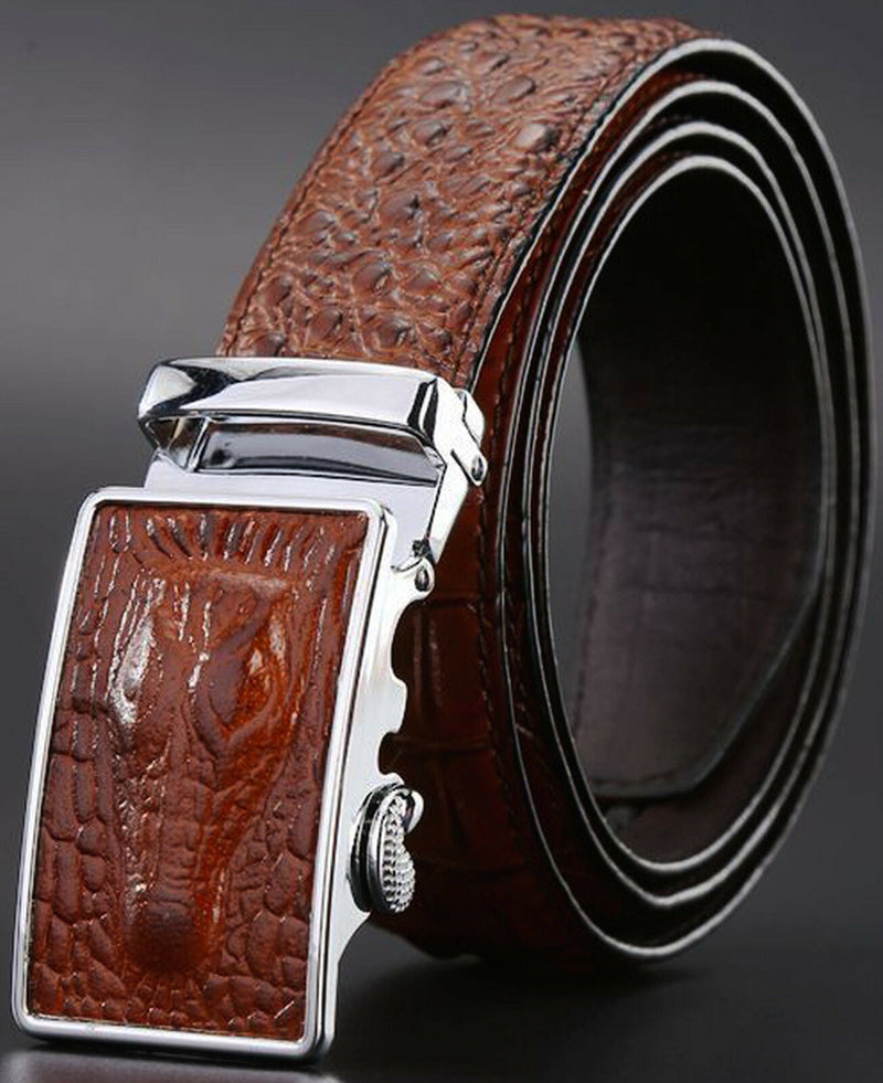 MROYALE™ Faux Alligator Skin Embossed Leather Ratchet Belt | Men's Crocodile Automatic Buckle mens belts MRoyale™ Brown Fits All Sizes Below 38" 