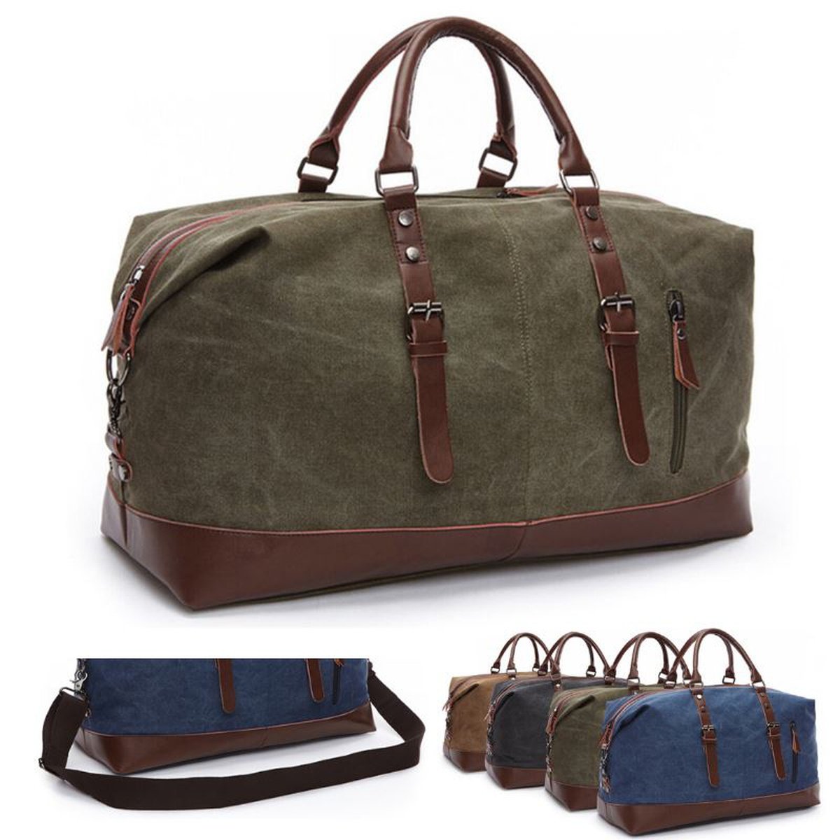 MRoyale™ Men's Canvas Leather Accent Duffle Weekend Travel Bag Duffle Travel Bag MRoyale™ Fashion Green 