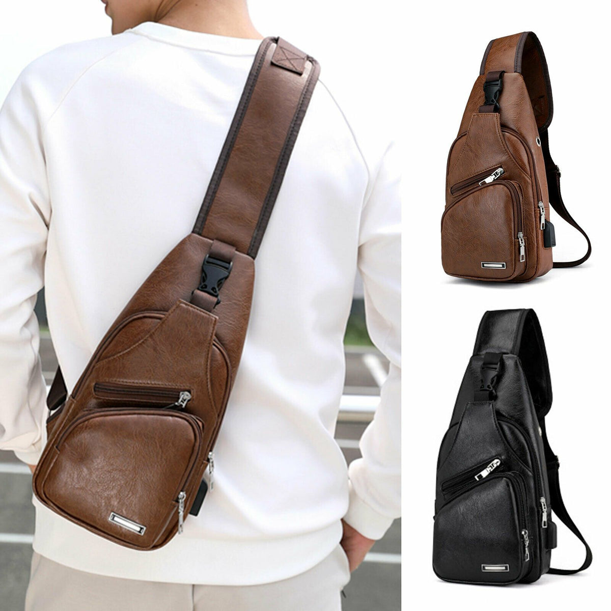 MROYALE™ Mini Sling Men&#39;s Leather USB Chest Crossbody Shoulder Day Bag sling chest bag MRoyale™ Fashion 