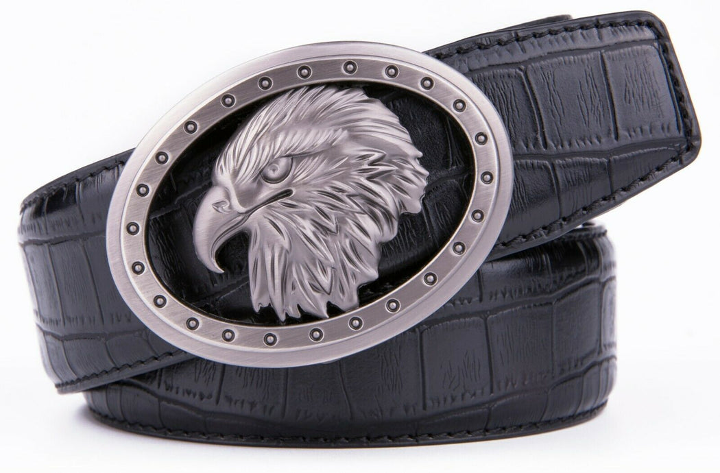 MRoyale™ Eagle Buckle Leather Ratchet Belt | Men&#39;s Eagle Automatic Adjustable Buckle mens belts MRoyale™ Black 32/34 