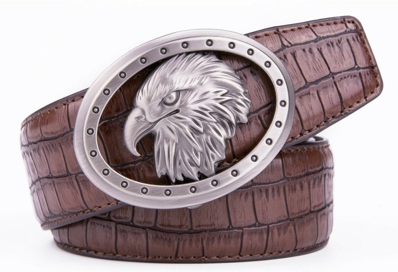MRoyale™ Eagle Buckle Leather Ratchet Belt | Men&#39;s Eagle Automatic Adjustable Buckle mens belts MRoyale™ Brown 32/34 