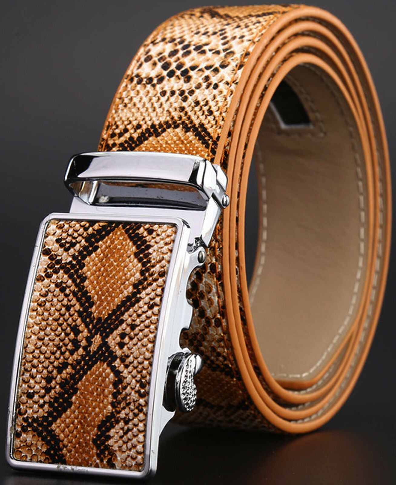 MROYALE™ Faux Snake Skin Embossed Leather Ratchet Belt | Men's Snake Automatic Buckle mens belts MRoyale™ Khaki Fits All Sizes Below 38" 
