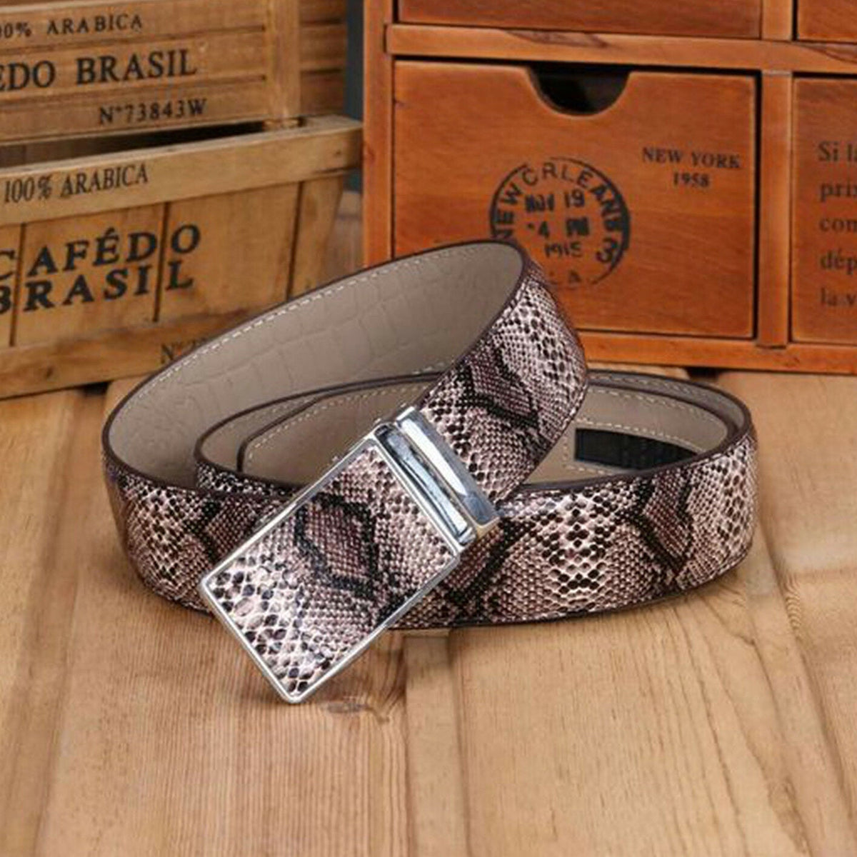 MROYALE™ Faux Snake Skin Embossed Leather Ratchet Belt | Men&#39;s Snake Automatic Buckle mens belts MRoyale™ Coffee Fits All Sizes Below 38&quot; 