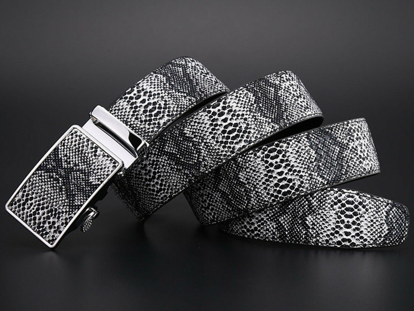 MROYALE™ Faux Snake Skin Embossed Leather Ratchet Belt | Men's Snake Automatic Buckle mens belts MRoyale™ Black Fits All Sizes Below 38" 