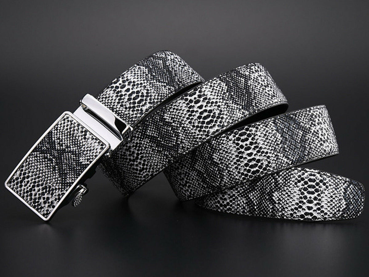 MROYALE™ Faux Snake Skin Embossed Leather Ratchet Belt | Men&#39;s Snake Automatic Buckle mens belts MRoyale™ Black Fits All Sizes Below 38&quot; 