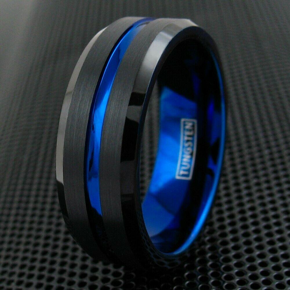 MRoyale™ Men's Tungsten Carbide Black w/ Thin Blue Ring/Wedding Band (Size 8-15) men's ring MRoyale™ Fashion 