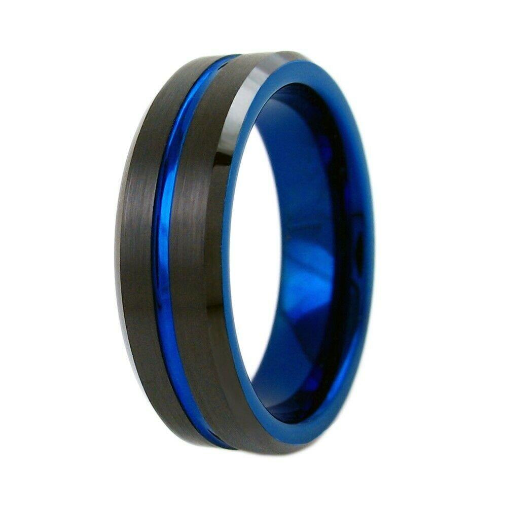 MRoyale™ Men's Tungsten Carbide Black w/ Thin Blue Ring/Wedding Band (Size 8-15) men's ring MRoyale™ Fashion 