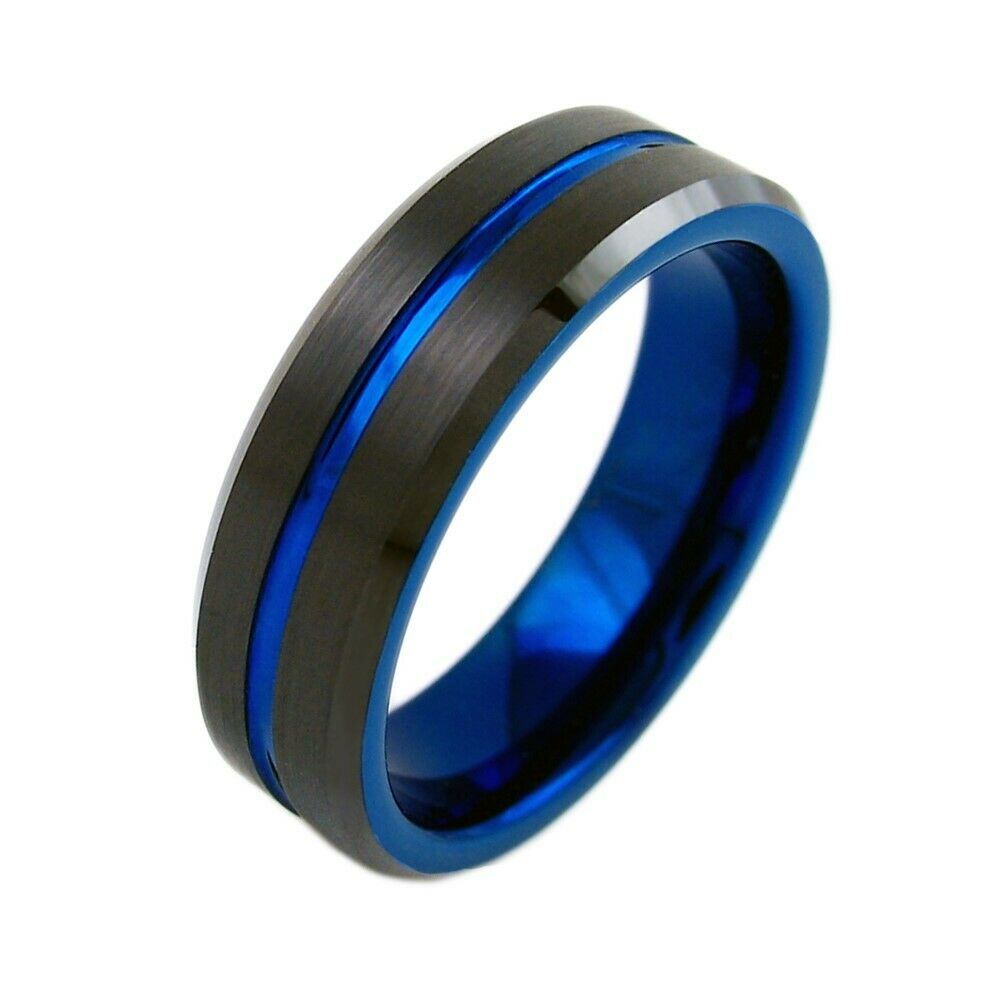 MRoyale™ Men's Tungsten Carbide Black w/ Thin Blue Ring/Wedding Band (Size 8-15) men's ring MRoyale™ Fashion 