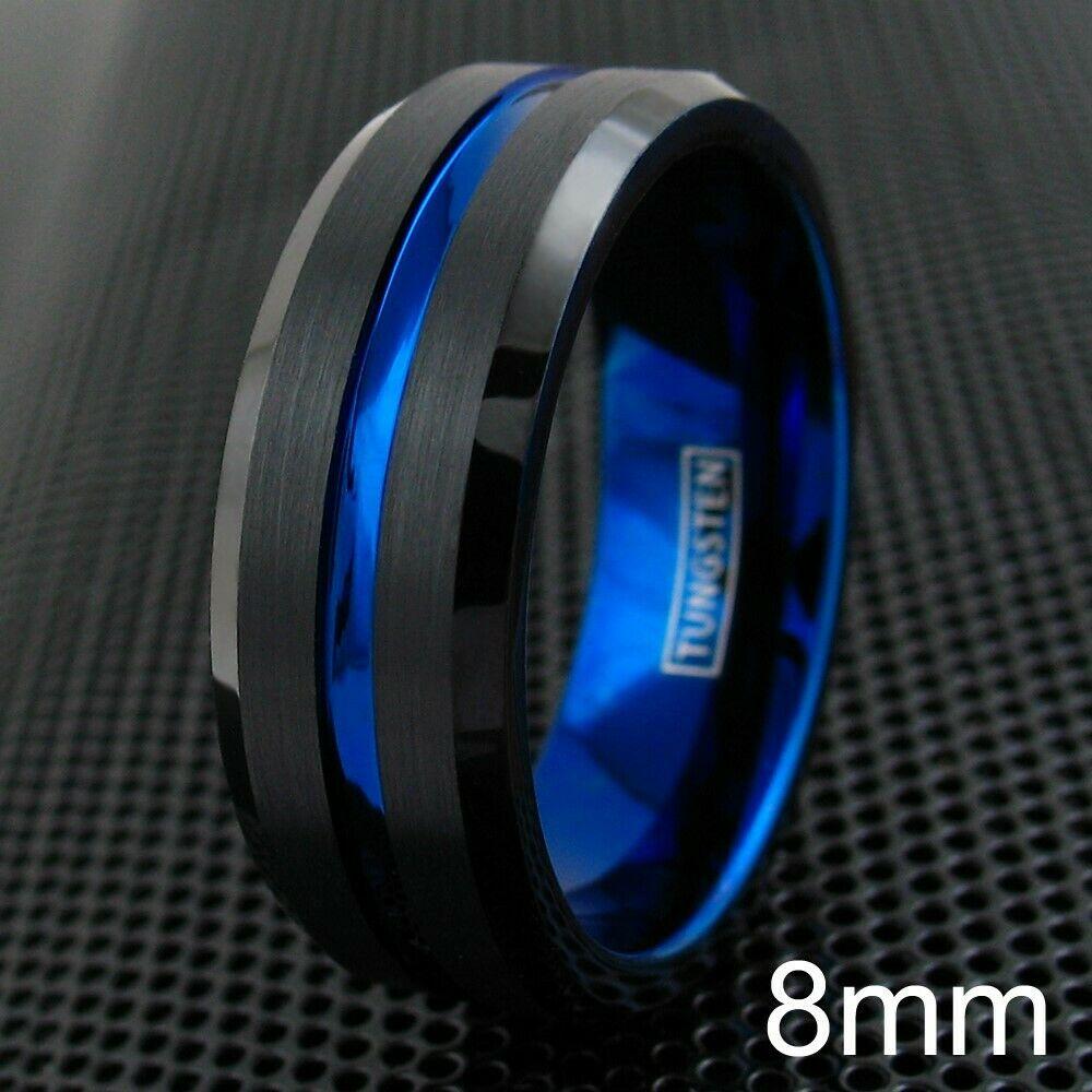MRoyale™ Men's Tungsten Carbide Black w/ Thin Blue Ring/Wedding Band (Size 8-15) men's ring MRoyale™ Fashion 
