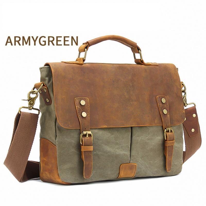MRoyale™ Men's Vintage Leather Canvas Crossbody 14" Laptop Messenger Messenger Bag MRoyale™ Fashion Army Green 