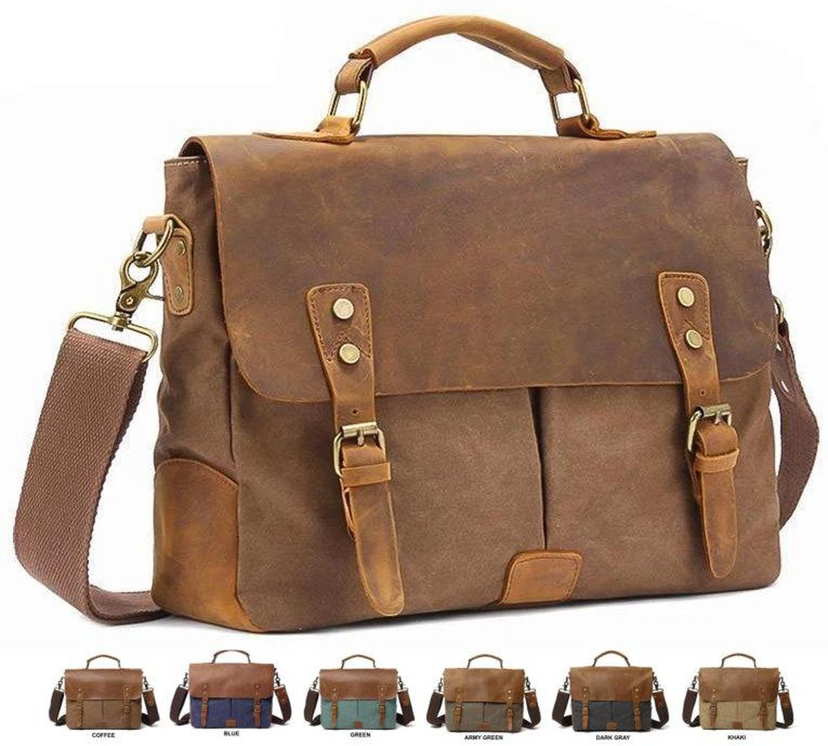 MRoyale™ Men's Vintage Leather Canvas Crossbody 14" Laptop Messenger Messenger Bag MRoyale™ Fashion Brown 