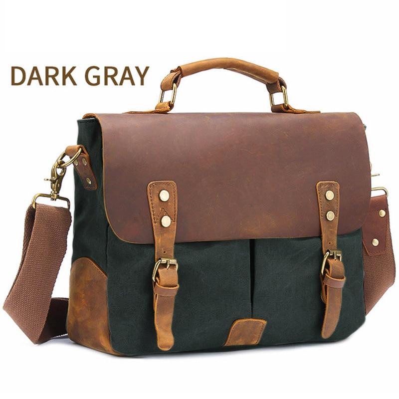 MRoyale™ Men's Vintage Leather Canvas Crossbody 14" Laptop Messenger Messenger Bag MRoyale™ Fashion Dark Gray 