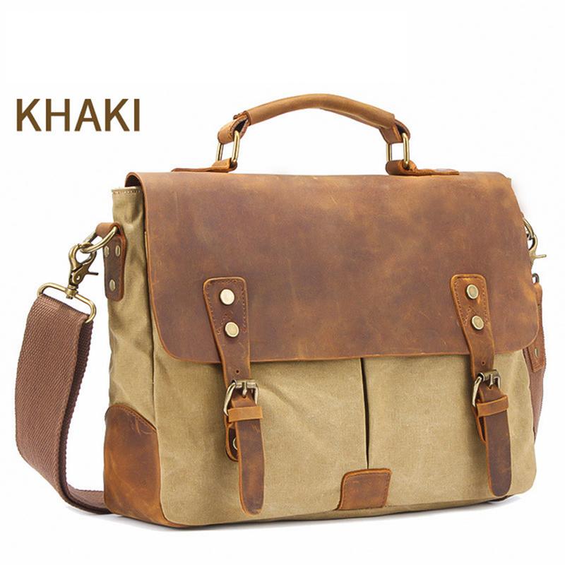 MRoyale™ Men's Vintage Leather Canvas Crossbody 14" Laptop Messenger Messenger Bag MRoyale™ Fashion Khaki 