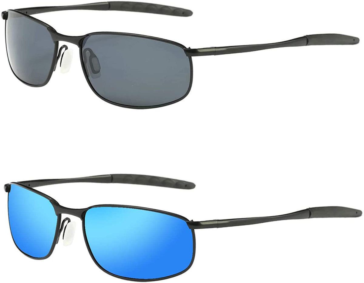 MROYALE™ 2-Pack Polarized &#39;Curve Wrap&#39; Metal Sunglasses - Men&#39;s Sports, UV400, Case Sunglasses MROYALE™ 2 Pack (Black &amp; Blue) 