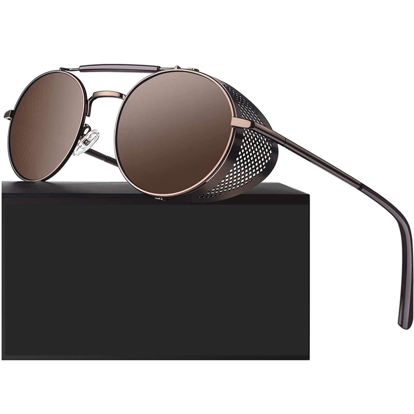 MSUNXPRO™ Polarized Steampunk Sunglasses - Retro Round Side Shield Metal Goggles Sunglasses MSUNXPRO™ Brown 