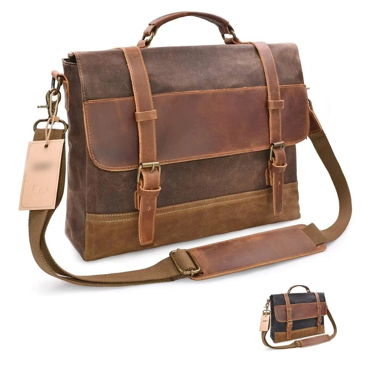 NWFashion™ Vintage Waxed Canvas/Leather 15.6" Laptop Crossbody Messenger Briefcase Messenger Bag NWFashion™ Brown 