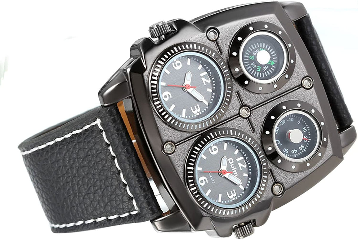 OLMPro™ Men&#39;s BIG Face Leather Analog Punk Watch - 4 Dials, Sports Quartz wristwatches OLMPro™ 