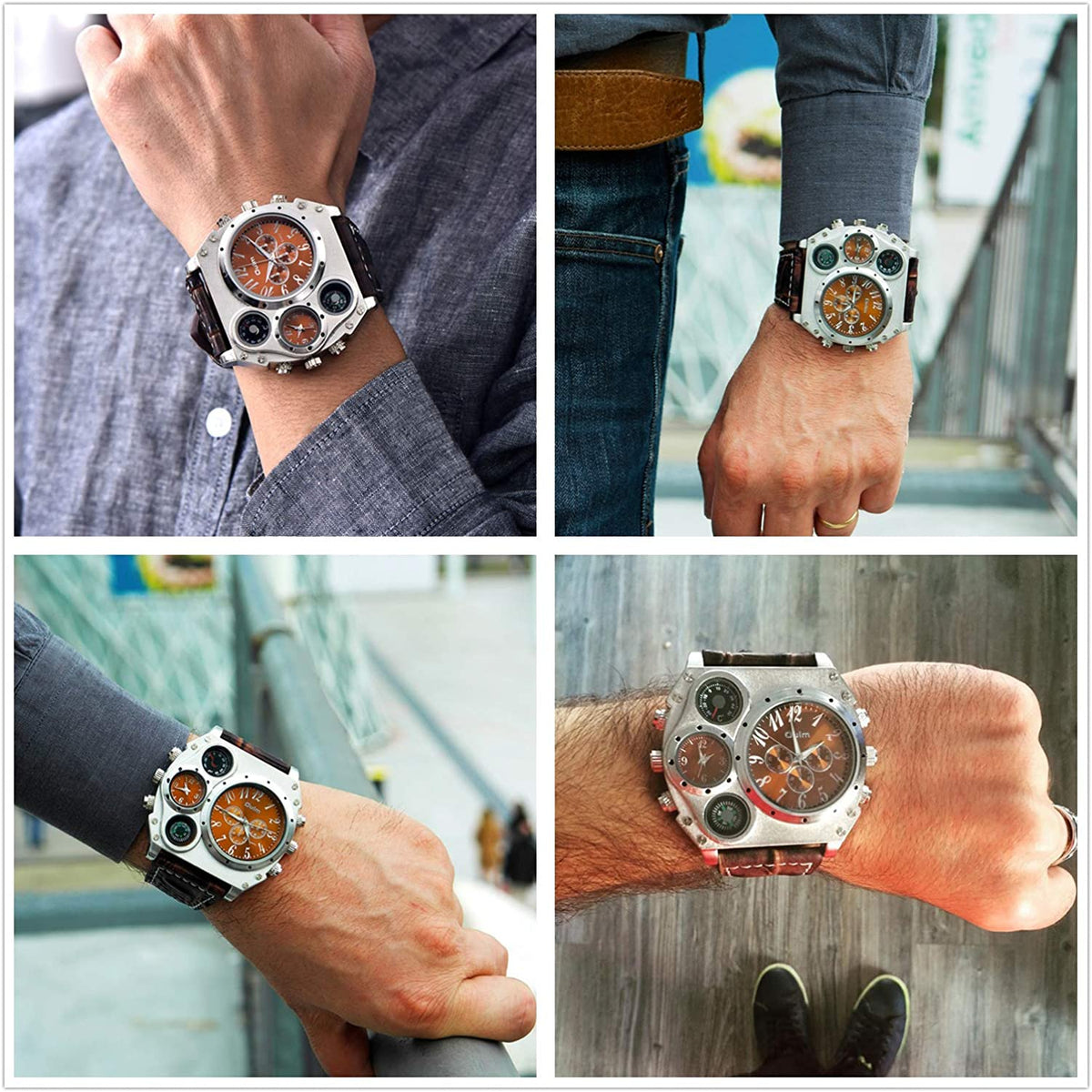 OLMPro™ Mens BIG Face Leather Analog Sport Watch - Decor Compass/Thermometer wristwatches OLMPro™ 