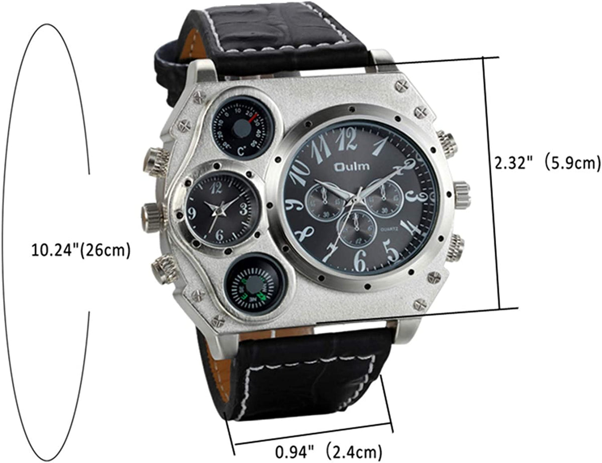 OLMPro™ Mens BIG Face Leather Analog Sport Watch - Decor Compass/Thermometer wristwatches OLMPro™ 