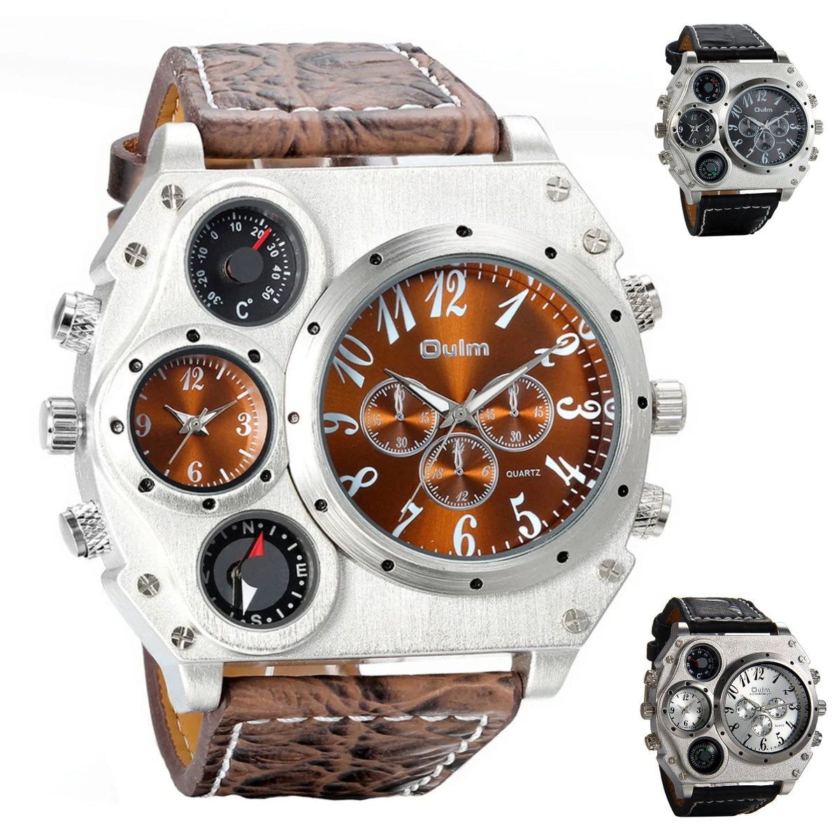 OLMPro™ Mens BIG Face Leather Analog Sport Watch - Decor Compass/Thermometer wristwatches OLMPro™ brown 