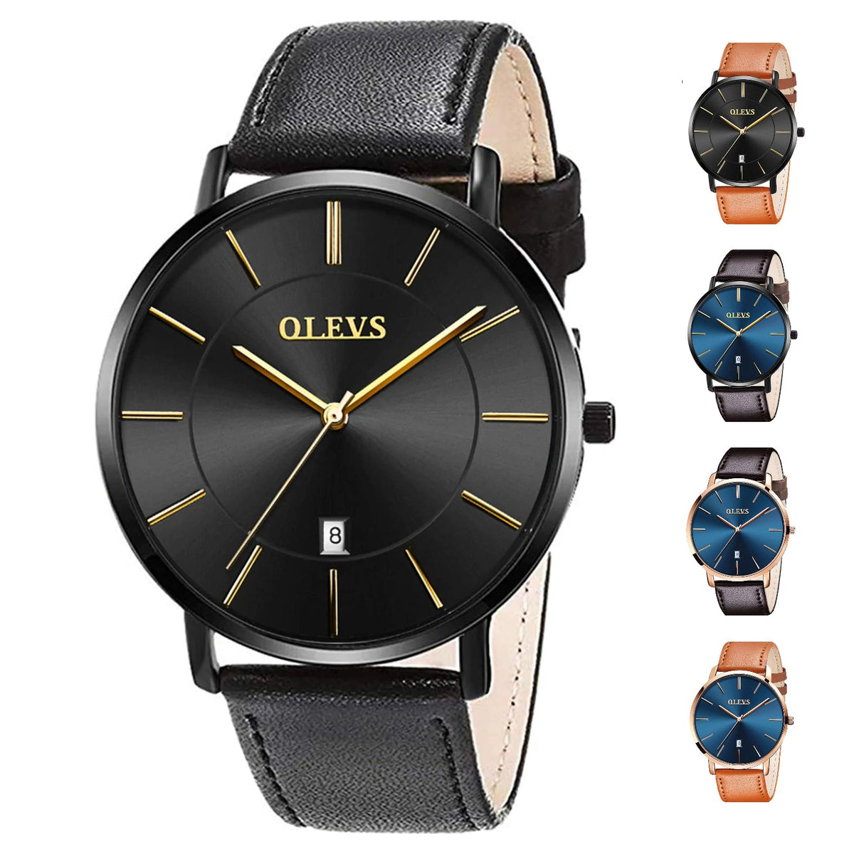OLVPro™ Men&#39;s Ultra Thin Leather Dress Watch - Big Face, Analog, Minimalist, Quartz Wristwatches OLVPro™ Black/Black 