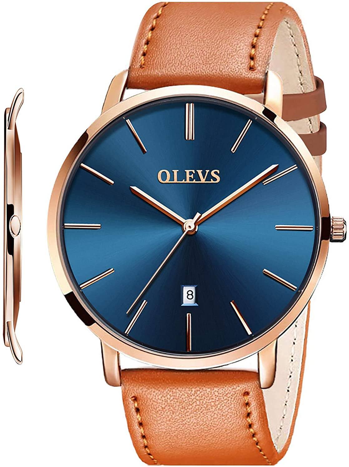 OLVPro™ Men's Ultra Thin Leather Dress Watch - Big Face, Analog, Minimalist, Quartz Wristwatches OLVPro™ Brown/Gold/Blue 
